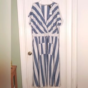 Ashley Stewart linen blend Ginger stripe v-neck maxi dress